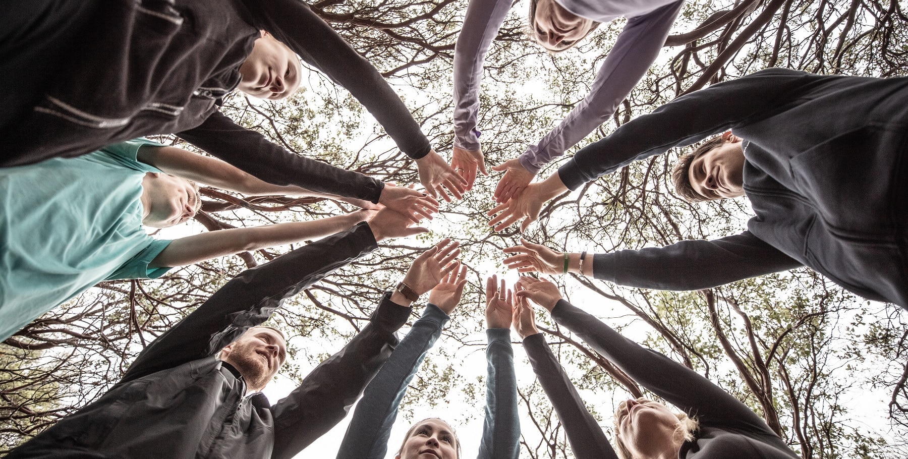 Five people stand in a circle and hold their arms outstretched above their heads.